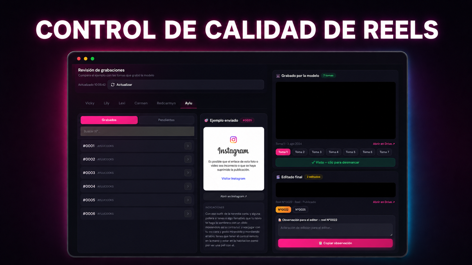 Control de calidad de reels: revisión de grabación vs ejemplo